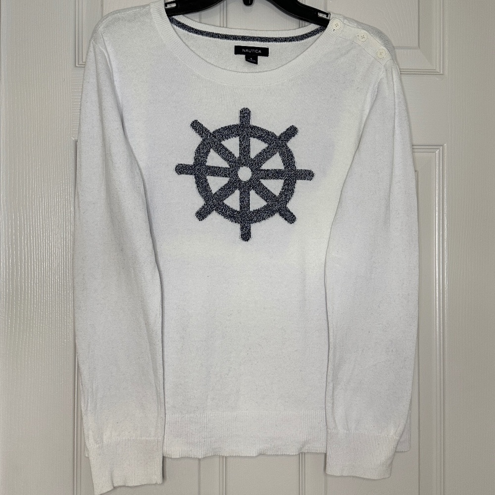 Nautica Women's Ship's Wheel Long Sleeve Sweater, Marshmallo, LARGE